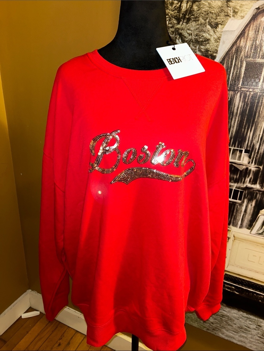 NWT beach riot Red Boston Sequin Logo Sweatshirt